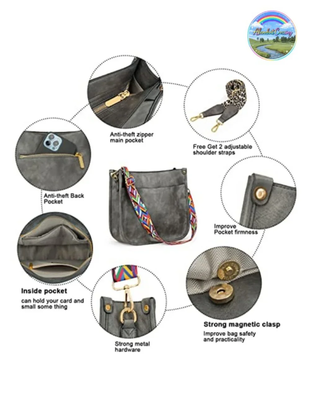 Women's Hobo Crossbody Bag Vegan Leather with 2 Adjustable Guitar Straps